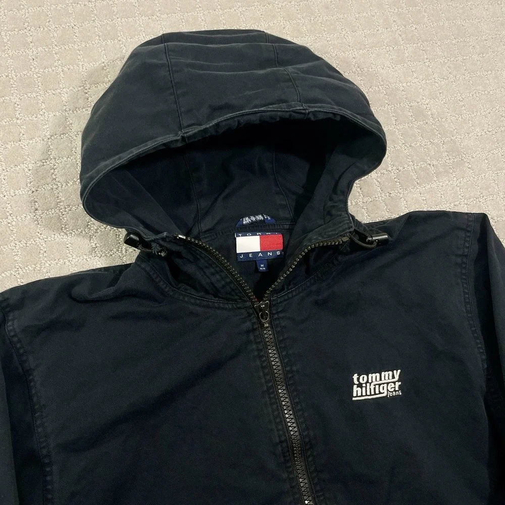 Vintage 90s‎ Tommy Hilfiger Jeans Size Medium Striped Black Hoodie Jacket